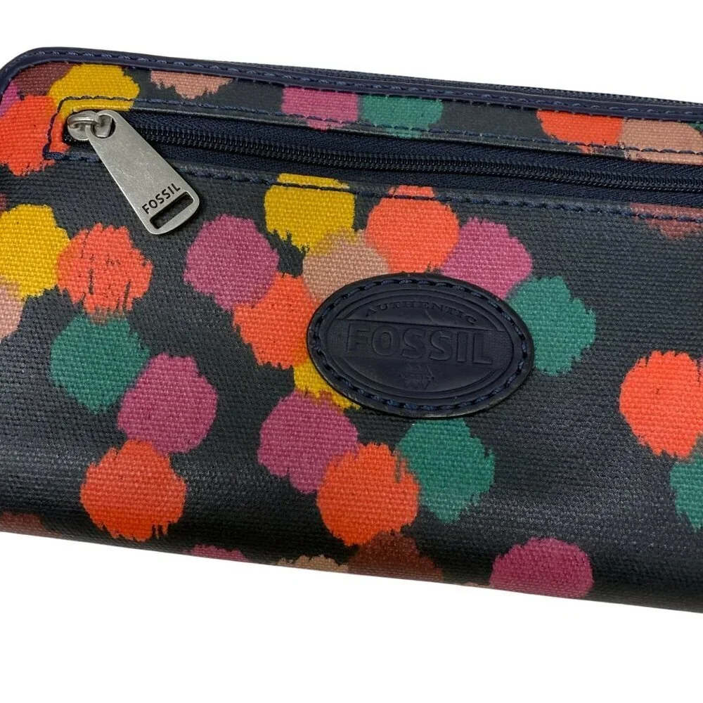 Fossil Womens Zip Wallet Key Ring Multicolor Rainbow Polka Dot Confetti Canvas